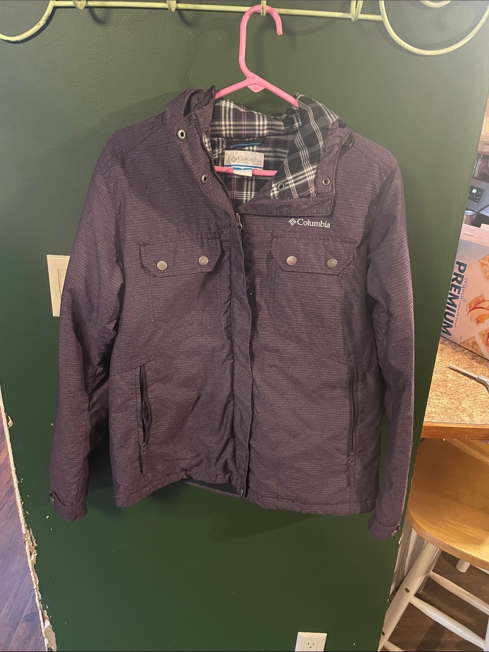 Columbia Girls' Dark Purple Hooded Insulated Jacket  with Plaid Lining Size L